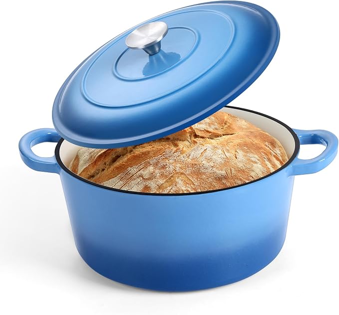 P&P CHEF 5QT Enameled Dutch Oven, Dutch Oven Pot for Bread Baking, Blue | 5 Quart Enameled Cast Iron Casserole Pot with Lid, for Roasting Braising Stewing Frying Simmering, Work on Various Stoves