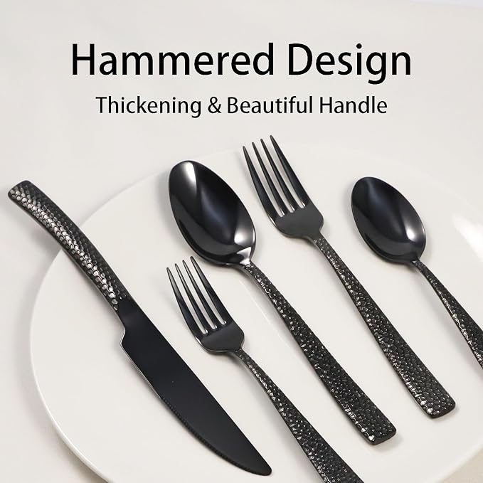 Black Hammered Silverware Set, 40 Piece Stainless Steel Flatware Set for 8, Food-Grade Tableware Cutlery Set for Home Restaurant, Mirror Polished, Dishwasher Safe