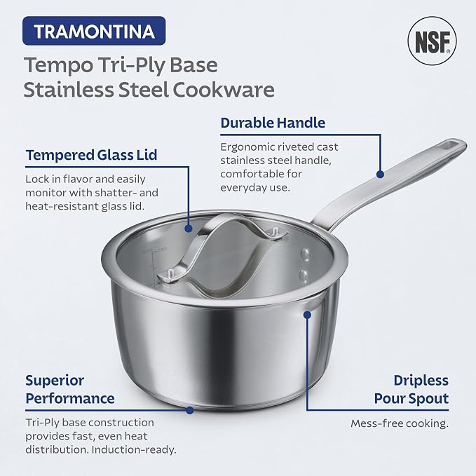 Tramontina Tempo Tri-Ply Base Stainless Steel 10-Piece Pots and Pans Set | Induction-Ready Cookware Set with Lids, Oven-Safe, Dishwasher-Safe