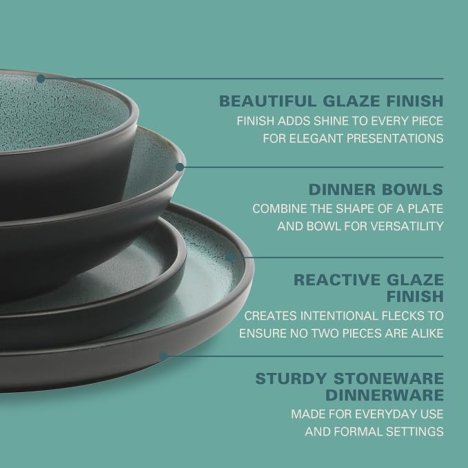 Gibson Elite Tribeca Loft 16-Piece Dinnerware Set – Matte Black and Green Reactive Glaze Stoneware, Double Bowl Round Plates and Bowls – Modern Rustic Tableware for 4, Dishwasher & Microwave Safe