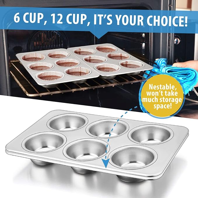 E-far Stainless Steel Muffin Pan Set of 2, 6-Cup Cupcake Tin for Baking | Metal Muffin Tray, Non-toxic & Healthy, Oven & Dishwasher Safe, Regular Size - 11.44 x 7.12 x 1.25 Inch