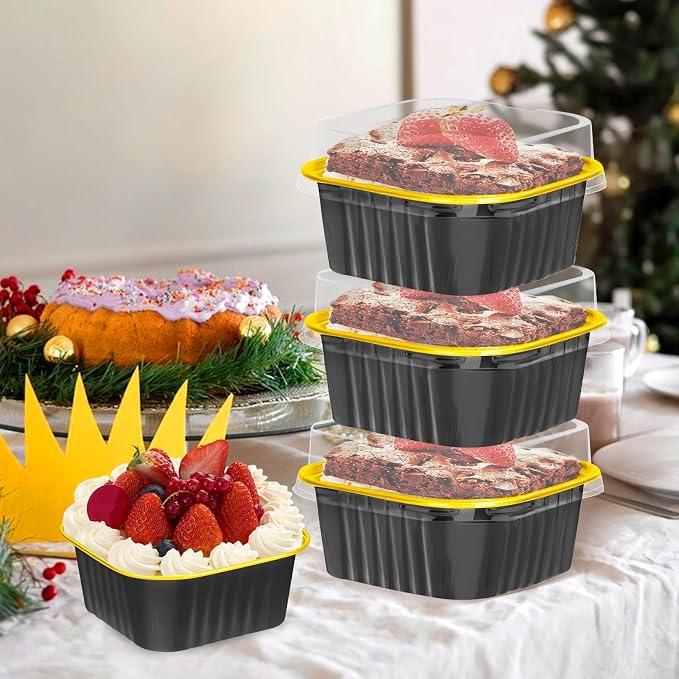 60Pack 5oz Black&Gold Mini Cake Pans with Lids, Spoons and Stickers Baking Cups Aluminum Foil Pans Tins, Individual Dessert Cups Containers for Sales,Party,Picnics