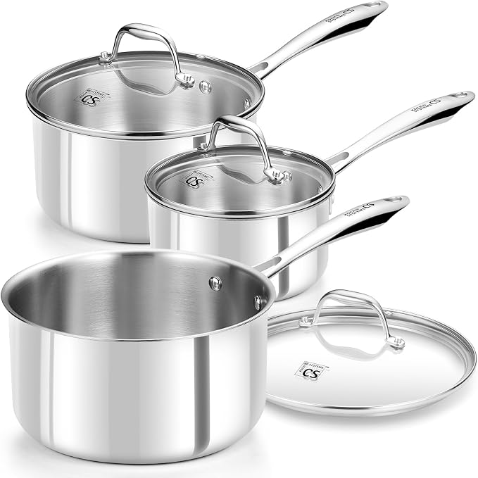 KOCH SYSTEME CS Triply Stainless Steel Saucepan Set, 1QT & 2QT & 3QT Stainless Steel Pot Set with lid, Diswasher & Oven Safe, Induction Compatible Pot, 6PCS