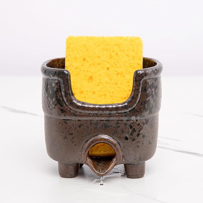 Kitchen Sponge Holder with Drainage, Ceramic Vintage Sink Caddy Organizer | Self draining sink caddy. Holds Scrubbers, sponge, soap. Rustic farmhouse kitchen countertop decor. Handmade reactive glaze