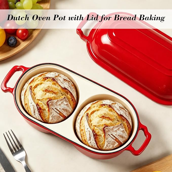 Double Dutch Oven for Sourdough Bread Baking, Enameled Cast Iron Bread Pot with Lid, Double Round Loaf Space, 500F Oven Safe, Non Stick Mini Loaf Pans for Homemade Cake Meatloaf