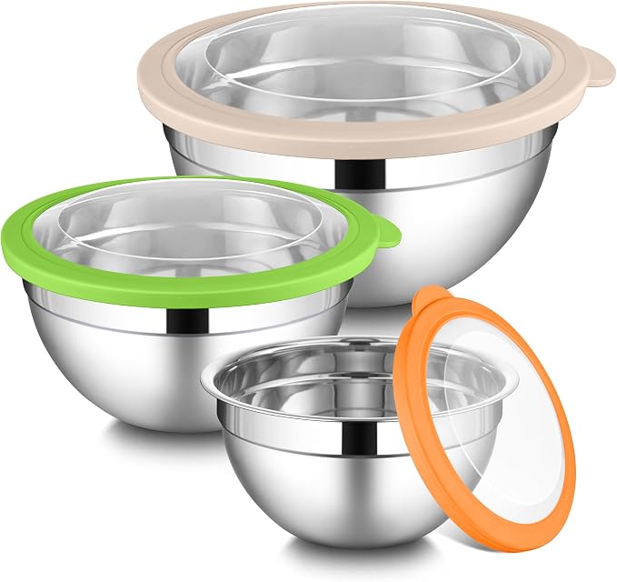 LIANYU Mixing Bowls with Lid Set of 3, Stainless Steel Metal Mixing Bowls | Large & Small 1.5 & 3 & 4.6QT Sizes, for Kitchen Cooking, Baking, Storage, Dishwasher Safe, 3-Color