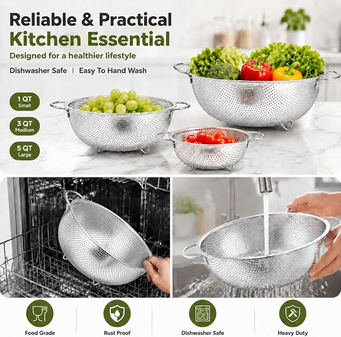 TeamFar Colander Set of 3, Stainless Steel Perforated Colander Strainer | Metal Food Strainer for Draining/Washing/Rinsing Pasta Vegetables Fruits, Healthy, Sturdy & Dishwasher Safe - 1/3/5 Quart