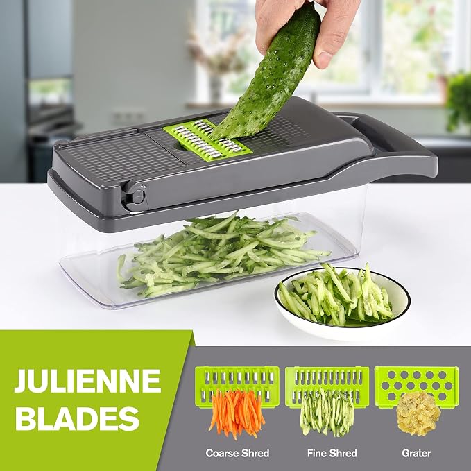 KEOUKE Vegetable Chopper Mandoline Slicer Grey - 12 in 1 Interchangeable Blades Food Chopper with Container, Hand Guard & Drainer, Veggie Dicer Kitchen Gadget for Onion, Cucumber, Tomato, Fruit