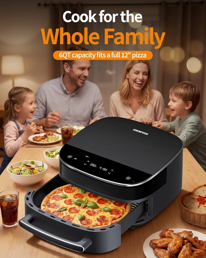 11-in-1 Large Air Fryer, 6QT Airfryer Top & Bottom Heating, No Flip Needed | Flat Wide Air fryer Fits 12" Pizza or Steaks 2X Faster Heating Quiet 50dB Family Size 270° View Window Easy to Clean Nontoxic