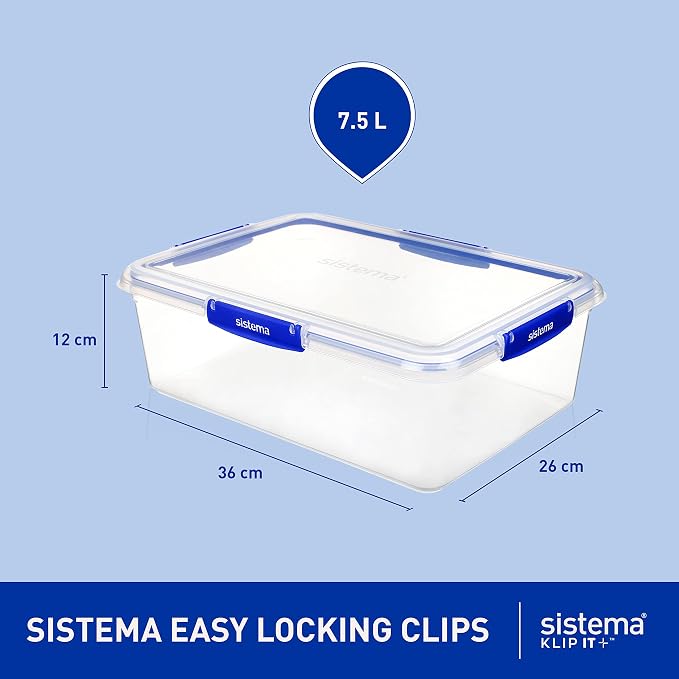 Sistema KLIP IT+ Large 7.5L Rectangle Food Storage Container, Stackable & Airtight Food Box with Lid, Dishwasher, Freezer, & Microwave-Safe, BPA-Free
