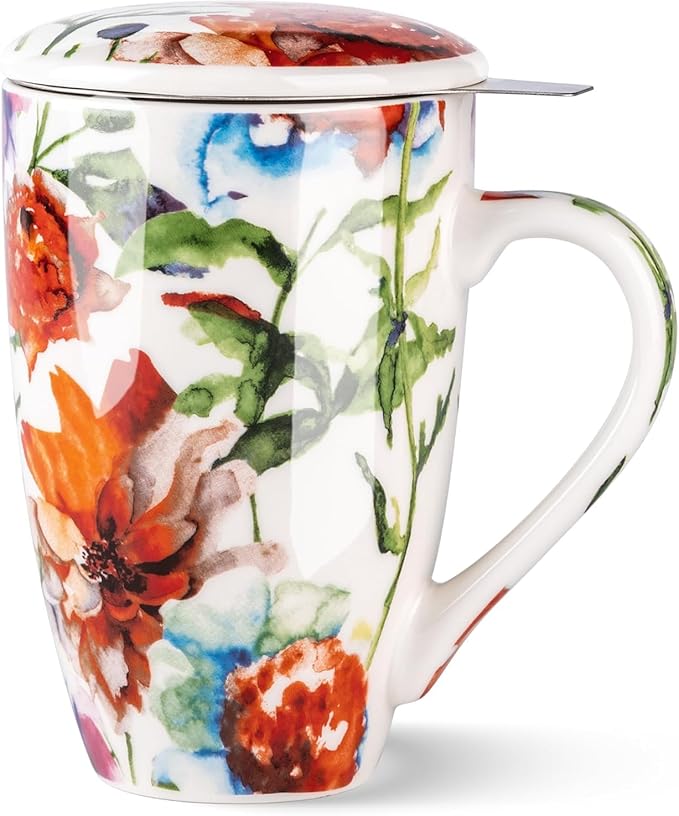 GBhome Tea Mug with Infuser and Lid,18 Ounce Ceramic Loose Leaf Cup Steeper | Lead-Free Glaze For Tea Lovers,Microwave & Dishwasher Safe with Tea Strainer