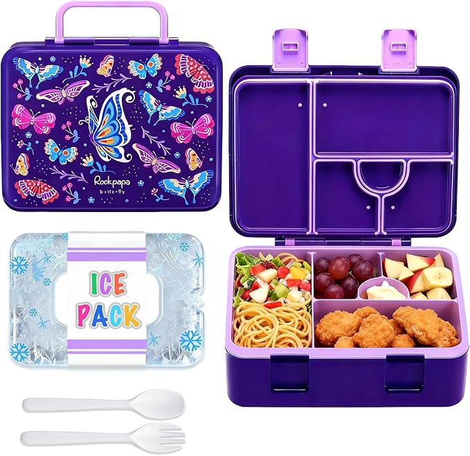 rockpapa Chill Bento Box for Kids- Large 5.5 Cups Lunch Box with Ice Pack - 5 Compartments, BPA-Free, Leak Proof, with Utensils & Portable Handle, Microwave/Dishwasher Safe (Purple Butterfly)