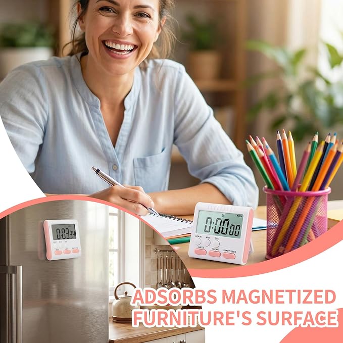Mudder 3 Pack Digital Kitchen Timer for Cooking, Large Digits, 24 Hour Magnetic Backing Stand Kitchen Timers Clock for Classroom Kids Teachers, Loud Alarm and Large Screen (Pink)