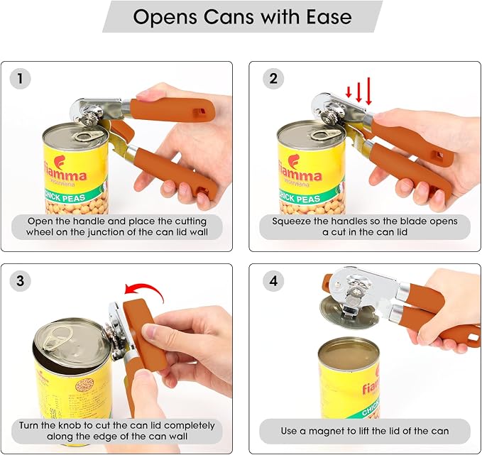 Beneno Heavy Duty Hand Can Opener Manual with Magnet Lid Remover, Orange | Razor-Sharp Carbon Steel Blade, Precise Smooth Cutting Gear, Big Effort-Saving Knob, Soft Grip Handle, Built-in Bottle Opener