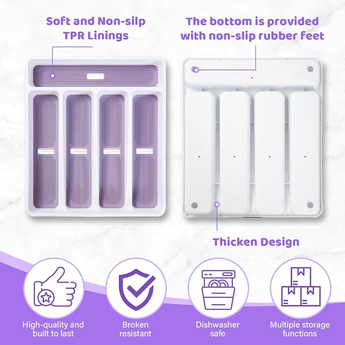 5-Compartment Silverware Organizer Tray with Icons for Kitchen Drawer | Non-slip TPR Linings，5-Compartment，High-quality Plastic，Fits Well In Standard Drawers，With Cutlery Icons