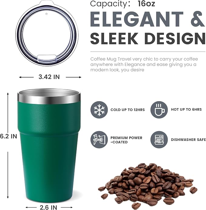 MEWAY 16oz Tumbler Double Wall Vacuum Insulated Travel Mug Bulk, Stainless Steel Tumblers with Lid, Powder Coated Coffee Cups for Cold & Hot Drinks (Green,1 Pack)