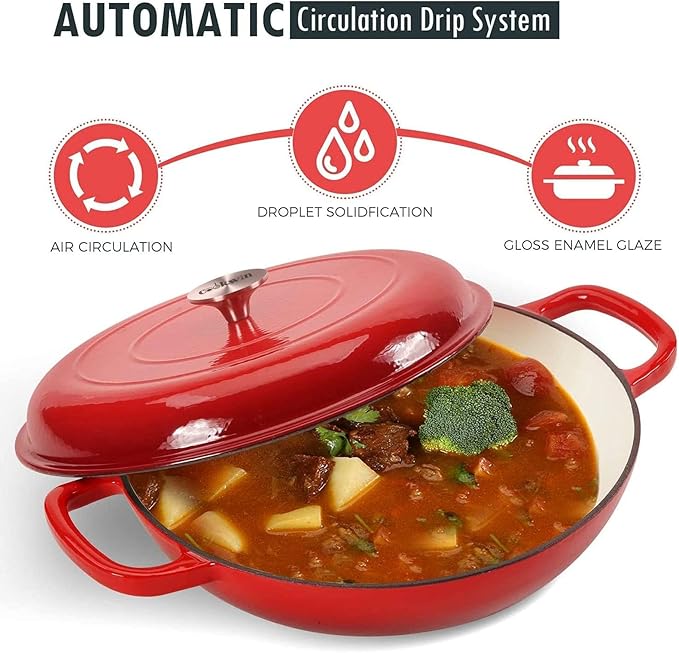 Cast Iron Casserole Braiser, 3.8 Quart Enameled Cast Iron Dutch Oven Pan with Lid, Heavy Duty and Dual Handles Skillet, Oven-Safe Porcelain Surface Casserole Dish, Red