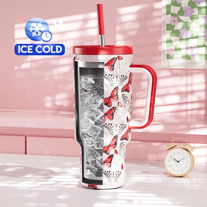 Meoky 40 oz Tumbler with Handle and Straw: Stainless Steel Insulated Tumbler with Lid and Straw - 100% Leak Proof Tumbler for Car Cup Holders - Travelers Commuters Workers, Red Butterfly