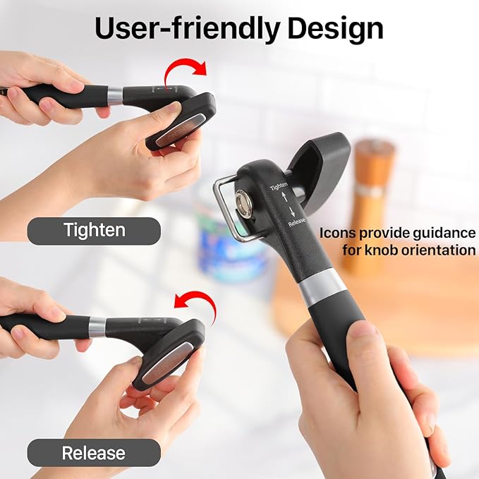 Beneno Can Opener, Manual Side Safe Cut Can Opener Smooth Edge, Black | Durable Sharp DC53 Steel Cutting Blade, Clean Cut with no Sharp Can Edges, Big Effort-Saving Knob, Comfortable Non-Slip Grip