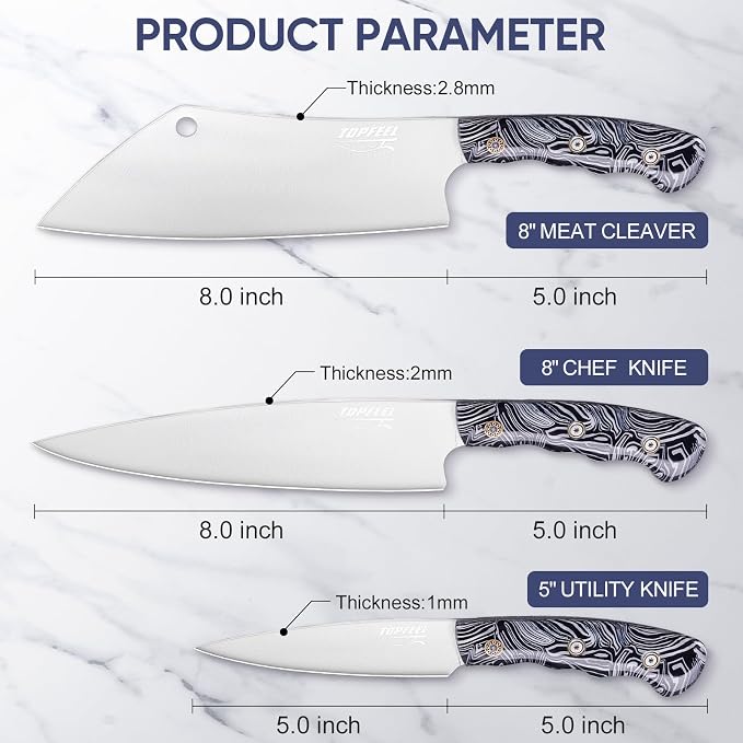 Topfeel 3-Piece Kitchen Knife Set, 5Cr15MoV High Carbon Stainless Steel | Includes 8-inch chef knife, 8-inch meat cleaver and 5-inch utility knife with full-tang acrylic handles and gift box