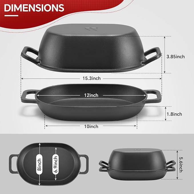 Northriver Casting 12"x8" Oval Cast Iron Dutch Oven for Bread Baking，Pre-Seasoned Combo Cooker with Lid, Perfect for Sourdough, Artisan Loaves & Family Meals,5 Qt