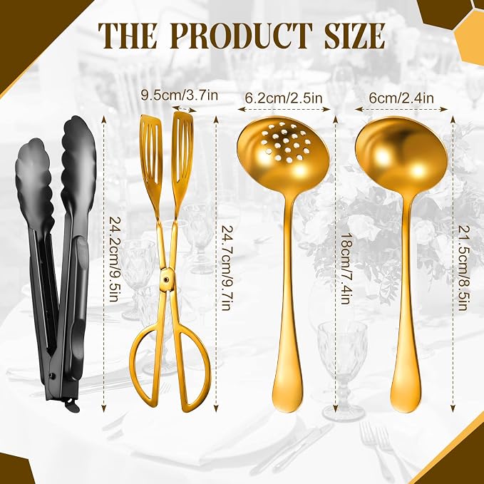 19 Pcs Serving Utensils Set Stainless Steel Tongs,Gold | Includes Spatulas Forks Spoons Perforated Skimmers, Parties Buffet Professional Kitchen Tools Home Gatherings Events