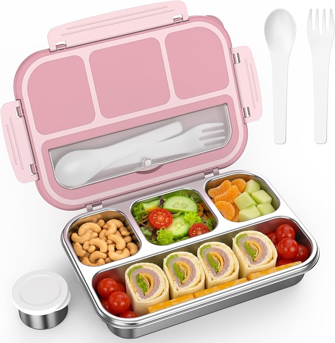Stainless Steel Bento Box Adult Kids, Leakproof Metal Lunch Box Containers 4 Compartments, 32 Oz Reusable Food Storage Containers for Office and School, Pink