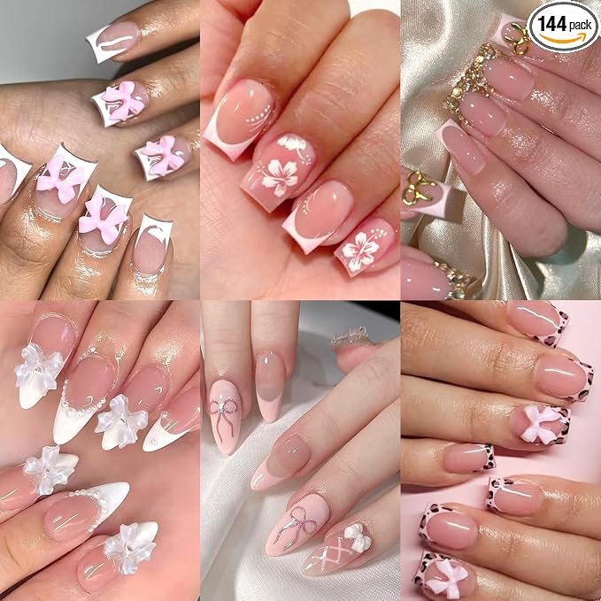 6 Packs (144 Pcs) | Reusable Press on Nails | Stick on Nails 12 Sizes-6 Styles | Cute Bow Nails