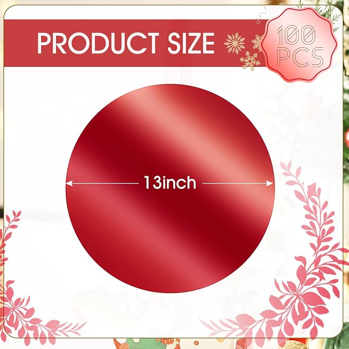 100PCS 13in Round Red Placemats, Disposable Paper Chargers Plate | Mirrored Red Paper Placemats for Dining Table, for Christmas Valentines Kitchen Banquet Wedding Birthday Party Table Decor
