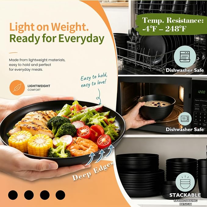 Wheat Straw Dinnerware Sets 40PCS, Black Plates and Bowls Sets for 8 | Unbreakable Dishes Set, Microwave Safe Dinnerware Sets, Dinner Plates/Cereal Bowls/Sauce Dishes/Drink Cups for RV, Apartment