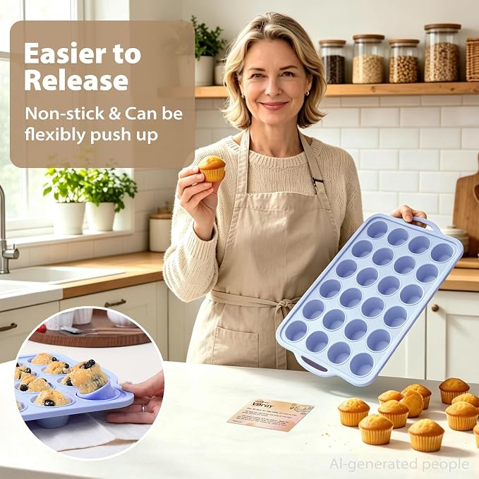 Mini Silicone Muffin Pan with Frame Non Stick Cupcake Tin Baking Mold | Silicone Cupcake Pan with Handles 24 Cup, BPA Free Silicon Muffin Tin Tray Small for Baking, Egg Bites, Cupcake Mold Blue