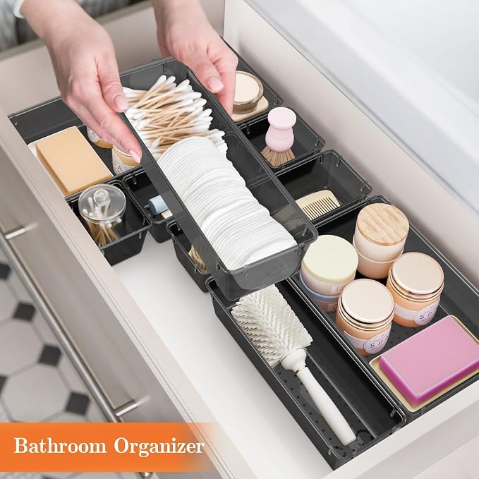 25 PCS Plastic Drawer Organizer, Versatile Organizer Trays & storage Bins | 4-Size Versatile Organizer Trays & storage Bins for Makeup, Jewelry, and Gadgets in Bathroom, Bedroom and Office, Clear Black