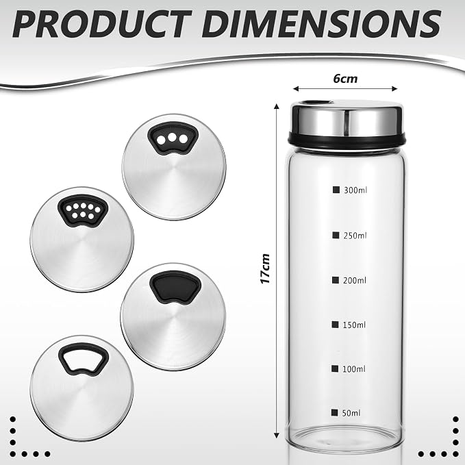 4Pcs Salt Pepper Shakers with Adjustable Outlet Holes, 10 oz Clear Glass Shaker Bottles, Salt Shakers for Kitchen, Spice Seasoning Cans for Kitchen Decor Home Restaurant BBQ Camping
