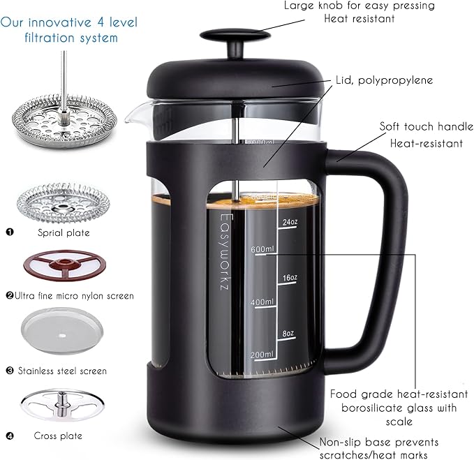 Easyworkz French Press 34 oz Coffee Tea Maker with Borosilicate Glass,Soft Grip Handle