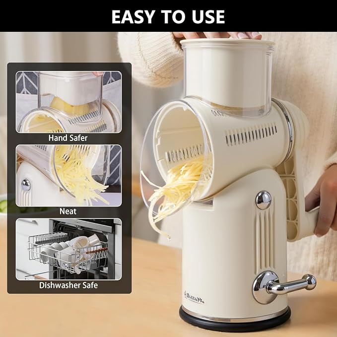 Rotary Cheese Grater with Handle, 5-Blade Cheese Shredder, BPA-Free (White) | Cheese Grater Hand Crank Slices, Shreds & Grates – Features Strong Suction Base, Stainless-Steel Blades & Easy Clean-Up