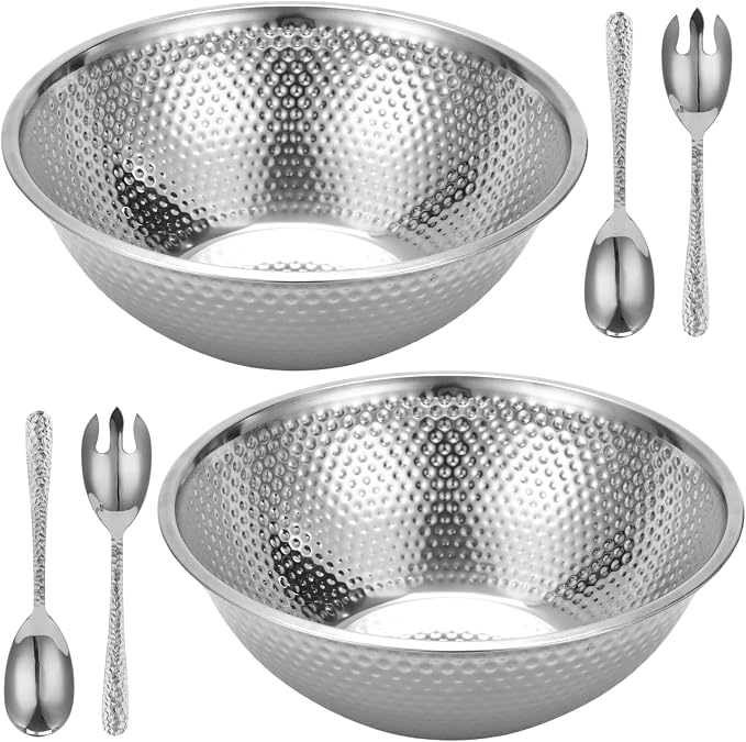 2 Pcs 13 Inch Silver Stainless Steel Salad Bowl Set, 4-Pc Utensil Set | Kitchen mixing bowls for salad, soup, prep, serving, and food storage; silver stainless steel look suits table setups