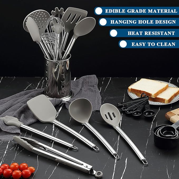 Kitchen Utensils Set, Kyraton 38 Pieces Non-Stick Silicone Cooking Utensils Set, Spoon Spatula Set with Sturdy Stainless Steel Utensil Holder, Dishwasher Safe