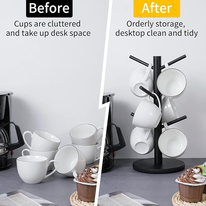 MyLifeUNIT Mug Holder Tree, Coffee Cup Holder with 6 Hooks (Black) | Anti-slip padded bottom, space-saving compact design, easy air drying, sturdy tip-resistant structure