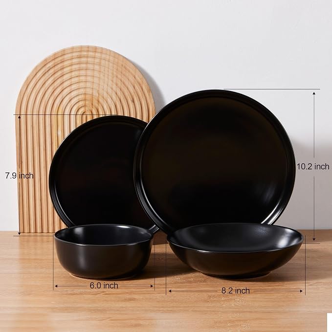 LIANYU 16 Piece Dinnerware Sets with Double Bowls for 4, Black Onyx | Modern Ceramic Plates and Bowls Set , Kitchen Round Dinning Ware Dishware Set, Microwave and Dishwasher Safe