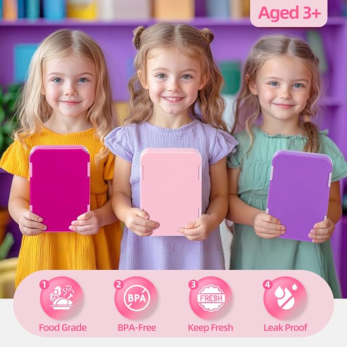 Bento Lunch Box for Kids, 5/6 Compartments, Pink | Dishwasher Safe Back to School Snack Bento Lunch Containers Boxes, Ideal Portion Sizes for On-the-Go Meal, Ages 3+, School