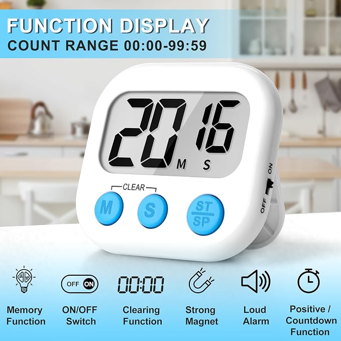 ZILLEEN Digital Kitchen Timers for Cooking Kids White 6 Pack | Strong Magnetic, Large Screen, Big Button, Timers for Kids Classroom Cooking Egg Teacher Exercise Study