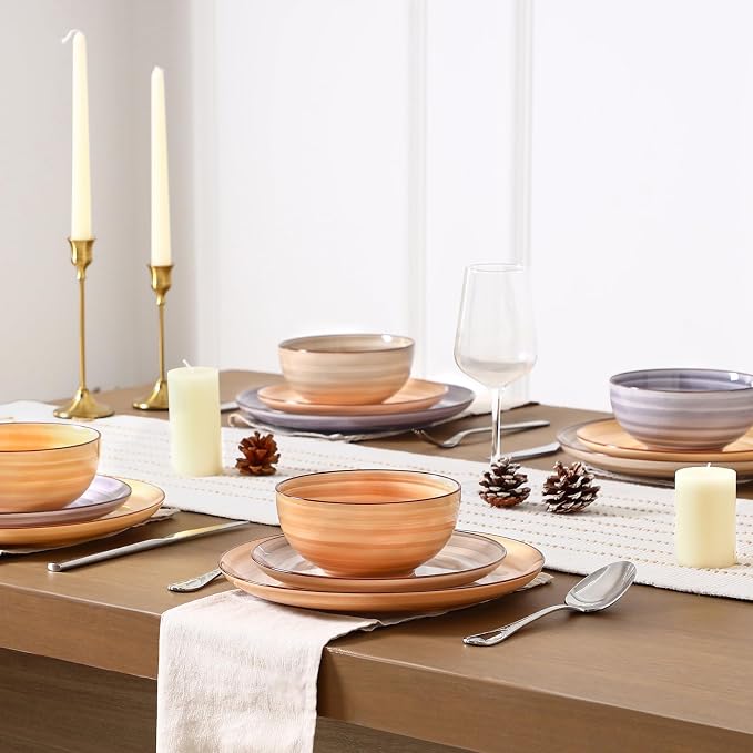 Selamica Ceramic Plates and Bowls Sets,12 Pieces Dinnerware Sets for 4,Scratch Resistant Dish Set,Dishwasher & Microwave Safe, Maillard