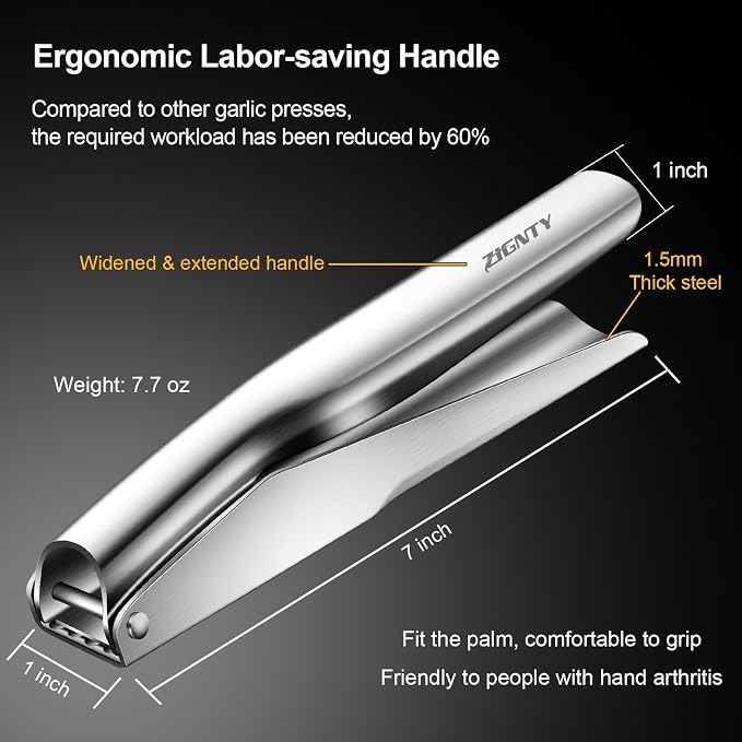 Garlic Press Stainless Steel, Professional Crusher No Peel Required | Large Trough Presser, Ergonomic Extra-wide Extended Handle, Easy Squeeze, Ginger Mincer Masher, Dishwasher Safe, Rust Proof
