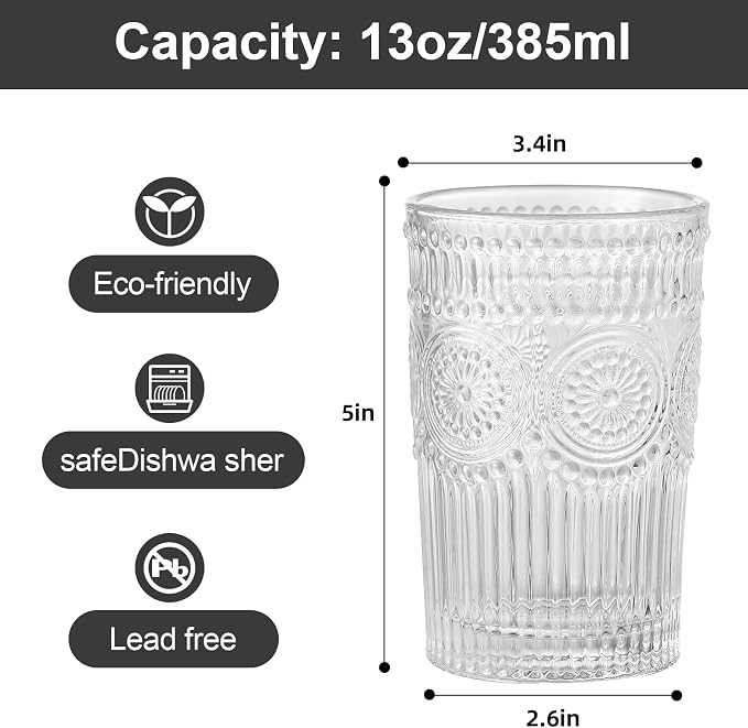 ZMOWIPDL Drinking Glasses Set of 6,13oz Flower Design Clear Glass Cups | Vintage Glassware,Textured Tumblers,Embossed Striped Drinkware for Water,Cocktails,Juice,Iced Coffee