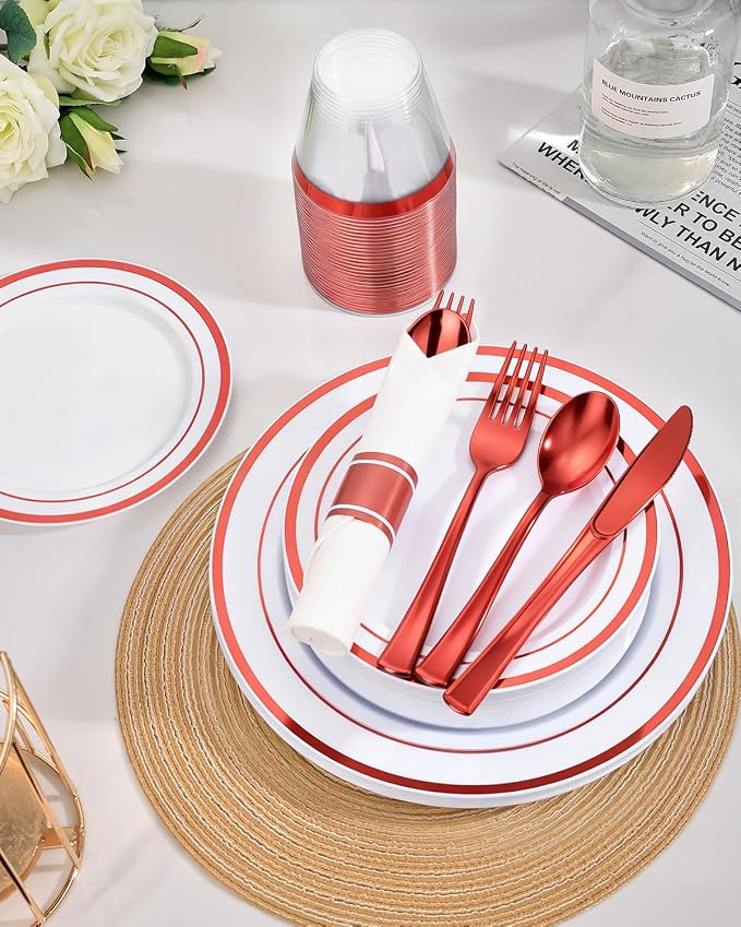 350 Piece Red Plastic Dinnerware Set for 50 Guests | Disposable Dinnerware Includes: 50 Dinner Plates, 50 Dessert Plates, 50 Pre Rolled Napkins with Silverware, 50 Cups