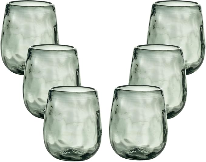 Organic Smoke Hand Blown Stemless Wine Glasses - 100% Recycled Mexican Glassware - Artisan Crafted Drinking Glasses for Cocktails, Tequila, or Water - Set of 6 (16 oz)