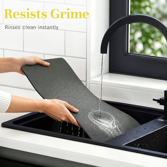 Soft Dish Drying Mat & Dish Rack Set, Large, Gray | Quick-drying, easy-to-clean dish mat with rust-proof stainless steel dish rack. Ideal for kitchen counter.