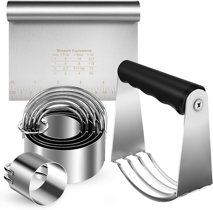 Stainless Steel Biscuit Cutter Set, Pastry Scraper and Dough Blender, Sturdy & Long-Lasting with Ergonomic Rubber Grip, Baking Dough Tools for Cooking Cookies and Donuts, Cakes, or Making Pancakes