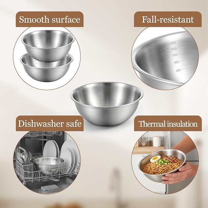 12 Pcs Stainless Steel Mixing Bowls with Graduations, 1.27QT Stainless Steel Bowls, Nesting Metal Prep Salad Bowl, Metal Serving Reusable Baking Food Storage Containers Kitchen Cooking(7.5 x 3 Inch)