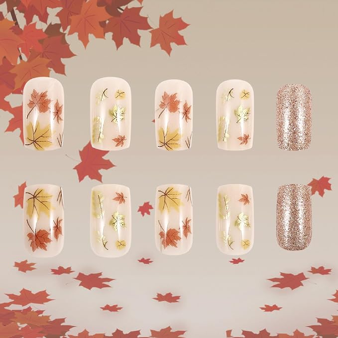 Fall Press on Nails Medium Square Fake Nails with Maple Leaves Glitter Designs Nails Press ons Orange Yellow Nude Glue on Nails Full Cover Stick on Nails for Women 24 Pcs